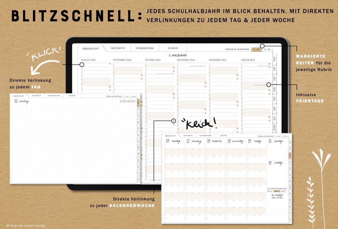 Schulhalbjahre in der Übersicht mit Verlinkung zu den Kalenderwochen, Jahresübersicht Lehrerplaner für Schuljahr 2023 2024, Terminkalender zum Download